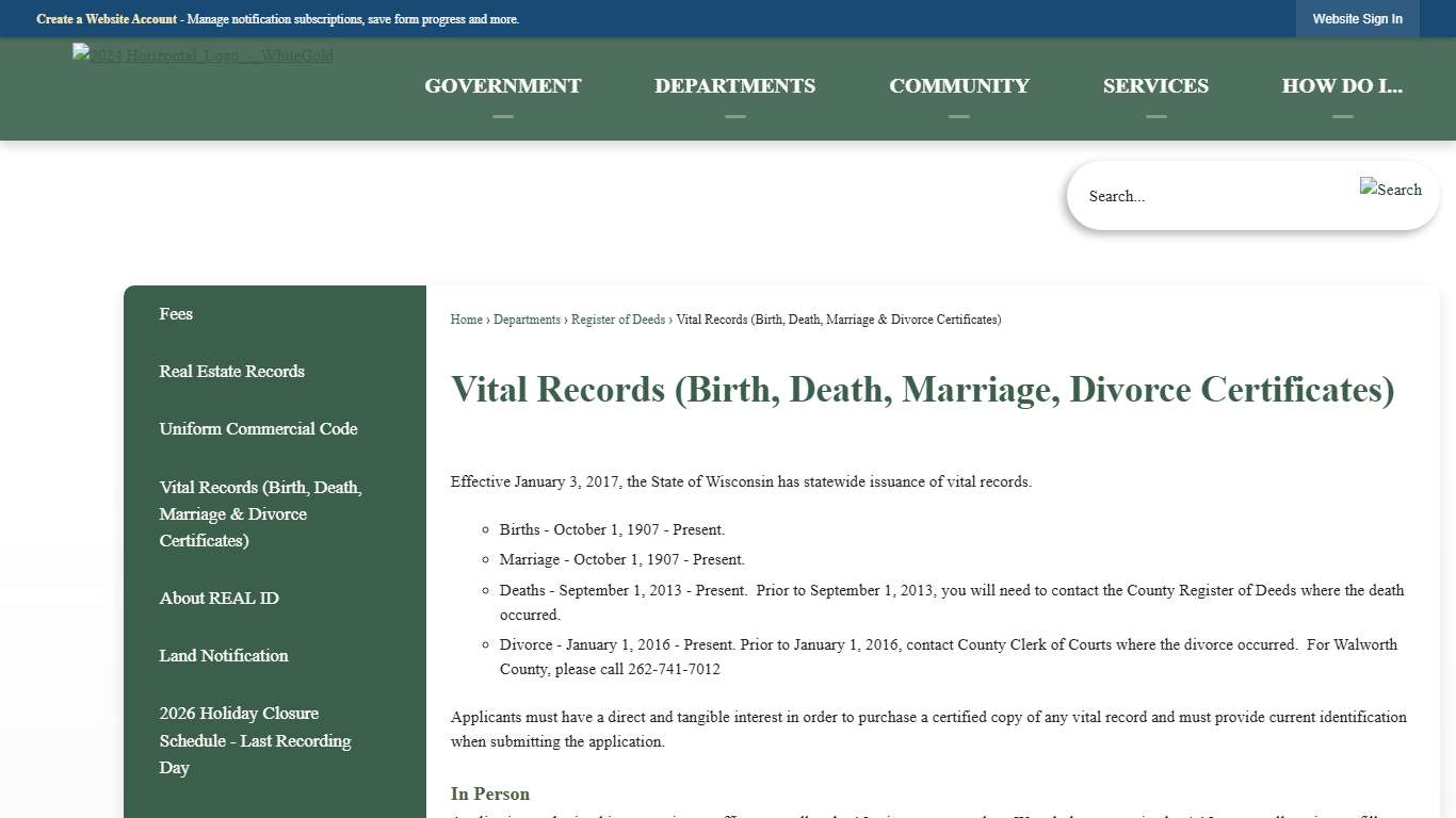 Vital Records (Birth, Death, Marriage, Divorce Certificates) | Walworth County, WI